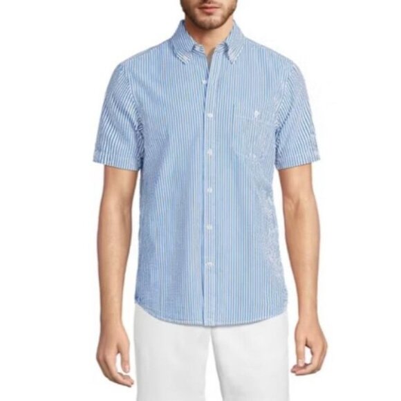 Lands’ End Seersucker Shirt Men’s L Blue White Striped Button Up Nautical Beach - Picture 1 of 10